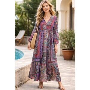 SUD Express Paisley Boho Maxi Dress L Long Sleeve Empire Waist Festival Artsy
